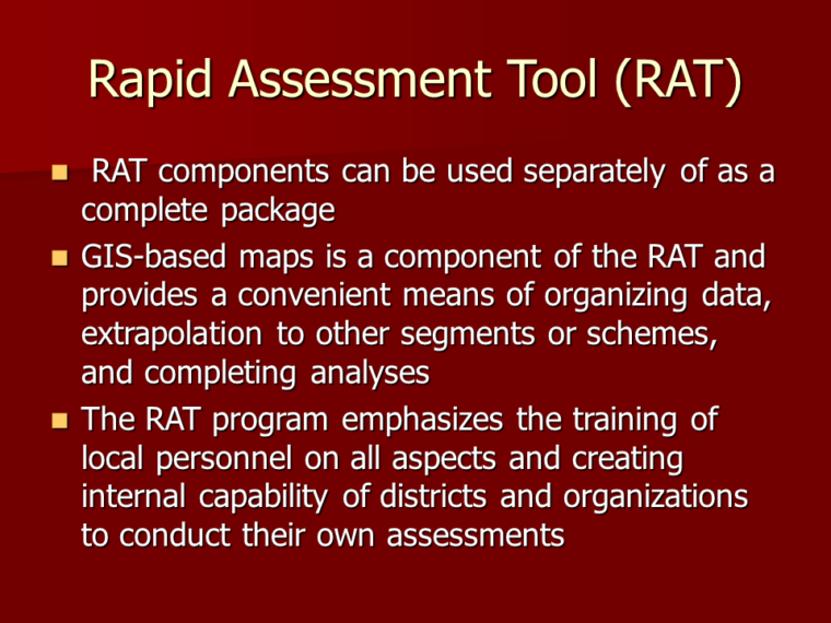 This is a slideshow detailing the Rapid Assessment Tool for District Modernization and Rehabilitation Planning.